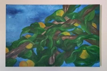 A painting of a tree branch with fruit

Description automatically generated