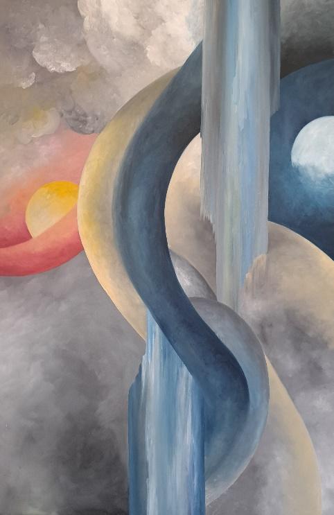 A painting of a waterfall and a moon

Description automatically generated